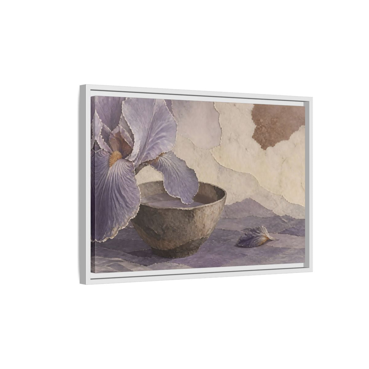 Side Mockup 1. Lavender Iris And Clay Bowl shown as framed canvas print