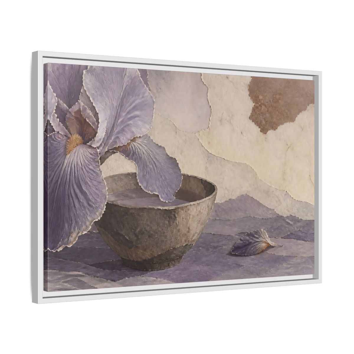 Side Mockup 10. Lavender Iris And Clay Bowl shown as framed canvas print
