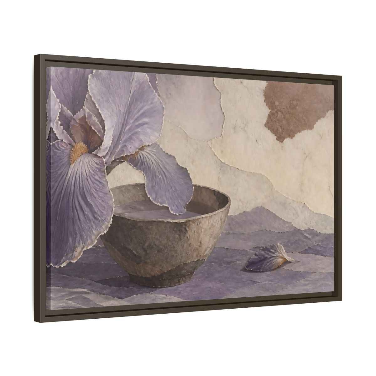 Side Mockup 11. Lavender Iris And Clay Bowl shown as framed canvas print