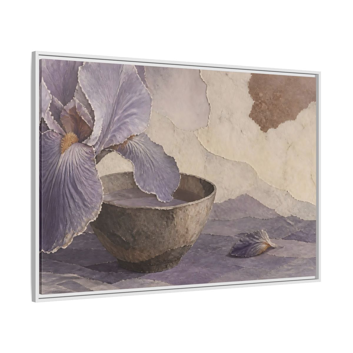 Side Mockup 7. Lavender Iris And Clay Bowl shown as framed canvas print