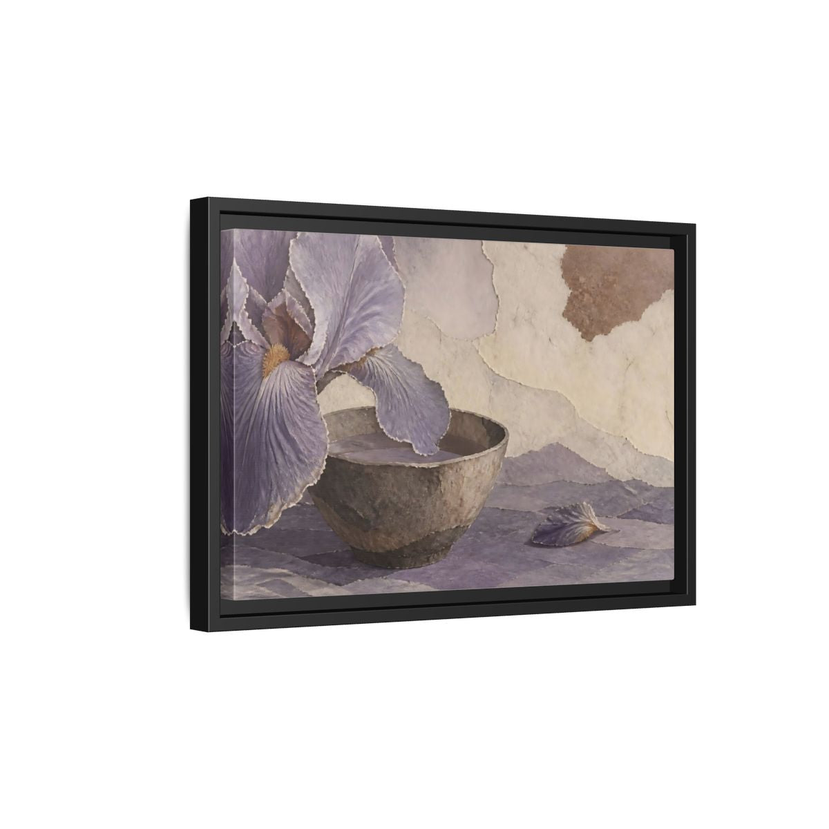 Side Mockup 6. Lavender Iris And Clay Bowl shown as framed canvas print
