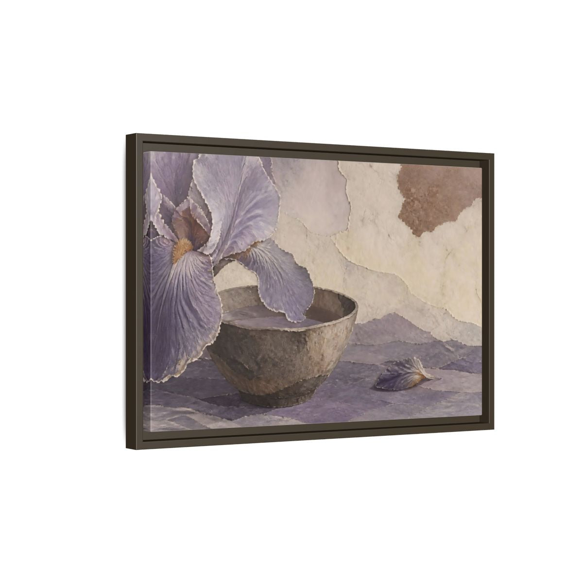 Side Mockup 2. Lavender Iris And Clay Bowl shown as framed canvas print