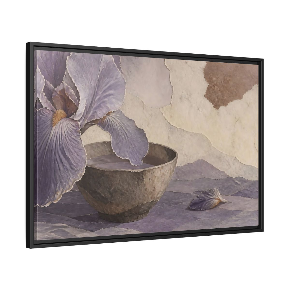 Side Mockup 13. Lavender Iris And Clay Bowl shown as framed canvas print