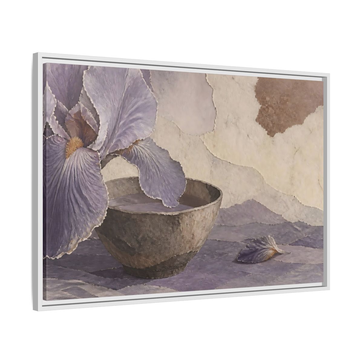 Side Mockup 9. Lavender Iris And Clay Bowl shown as framed canvas print