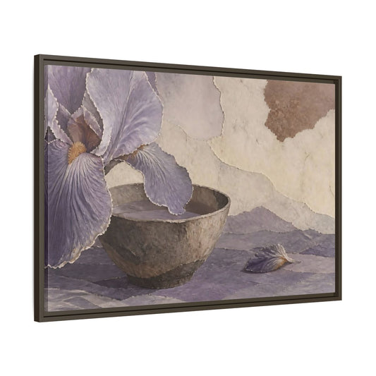 Main Mockup. Lavender Iris And Clay Bowl shown as framed canvas print
