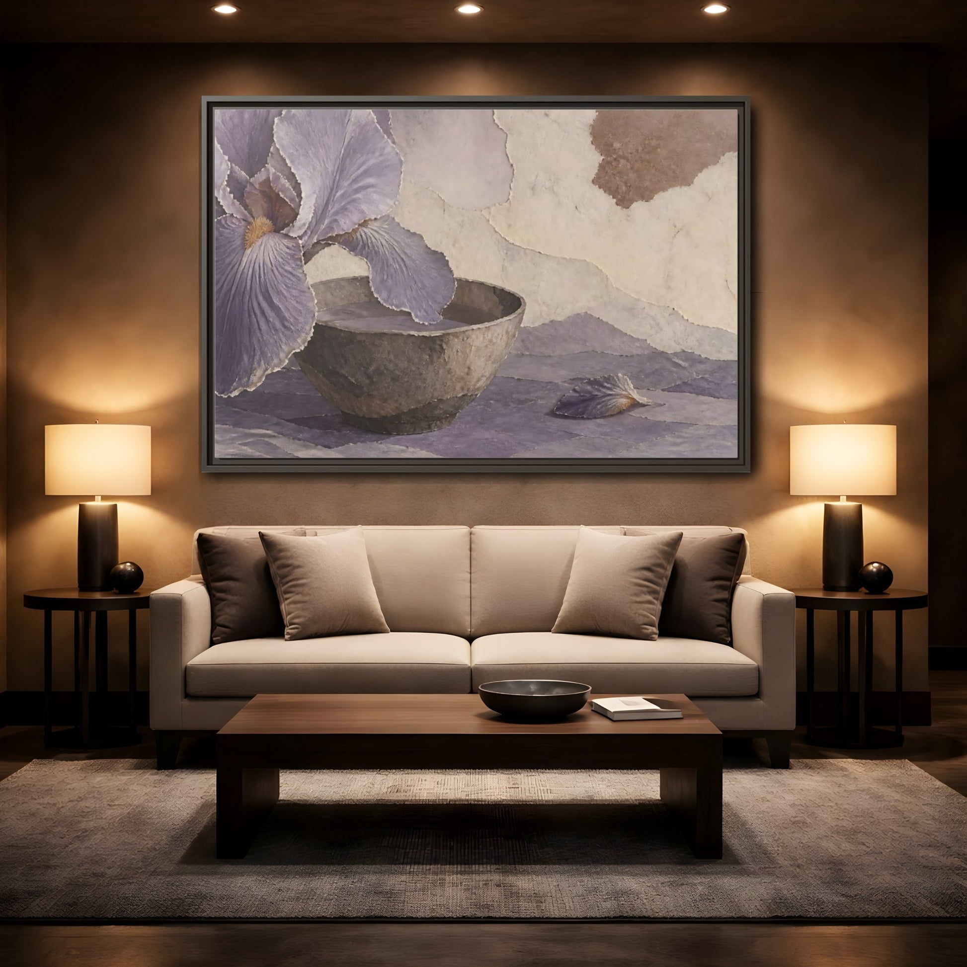 Mockup 2. Lavender Iris And Clay Bowl shown as framed canvas print