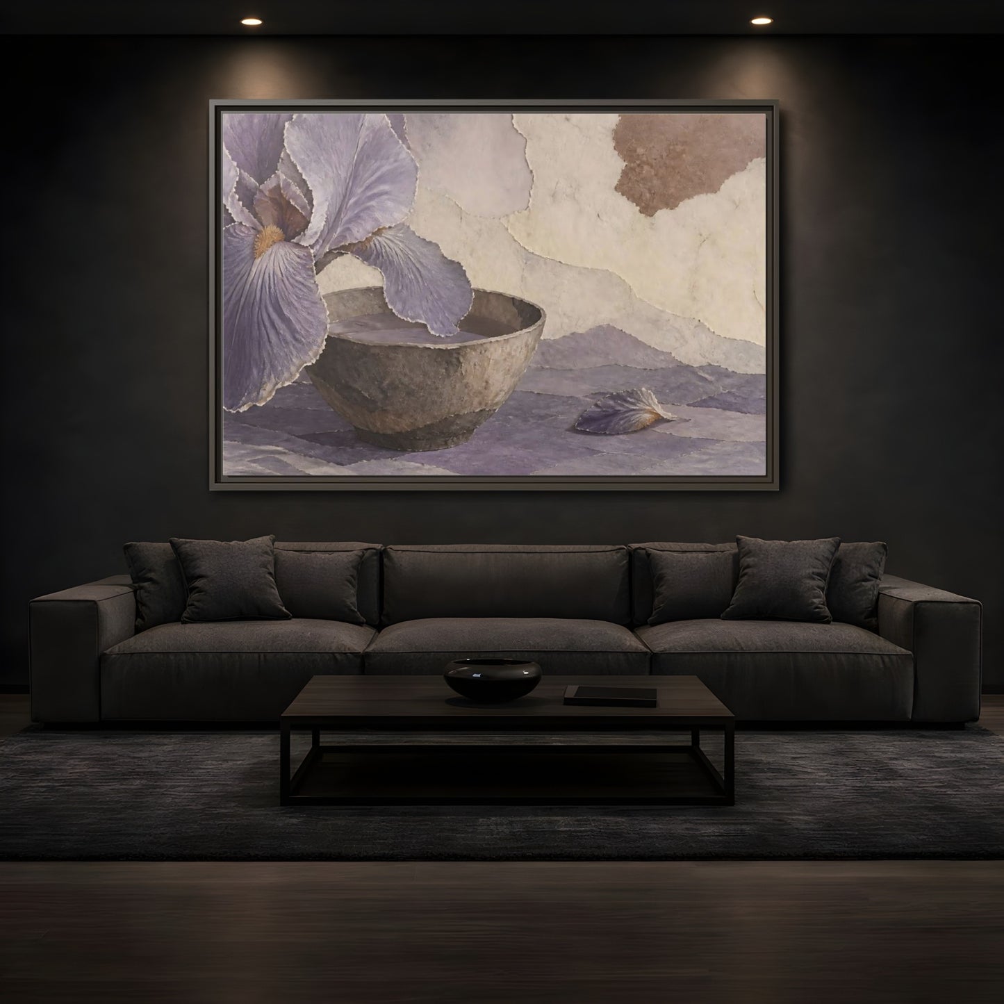 Mockup 3. Lavender Iris And Clay Bowl shown as framed canvas print