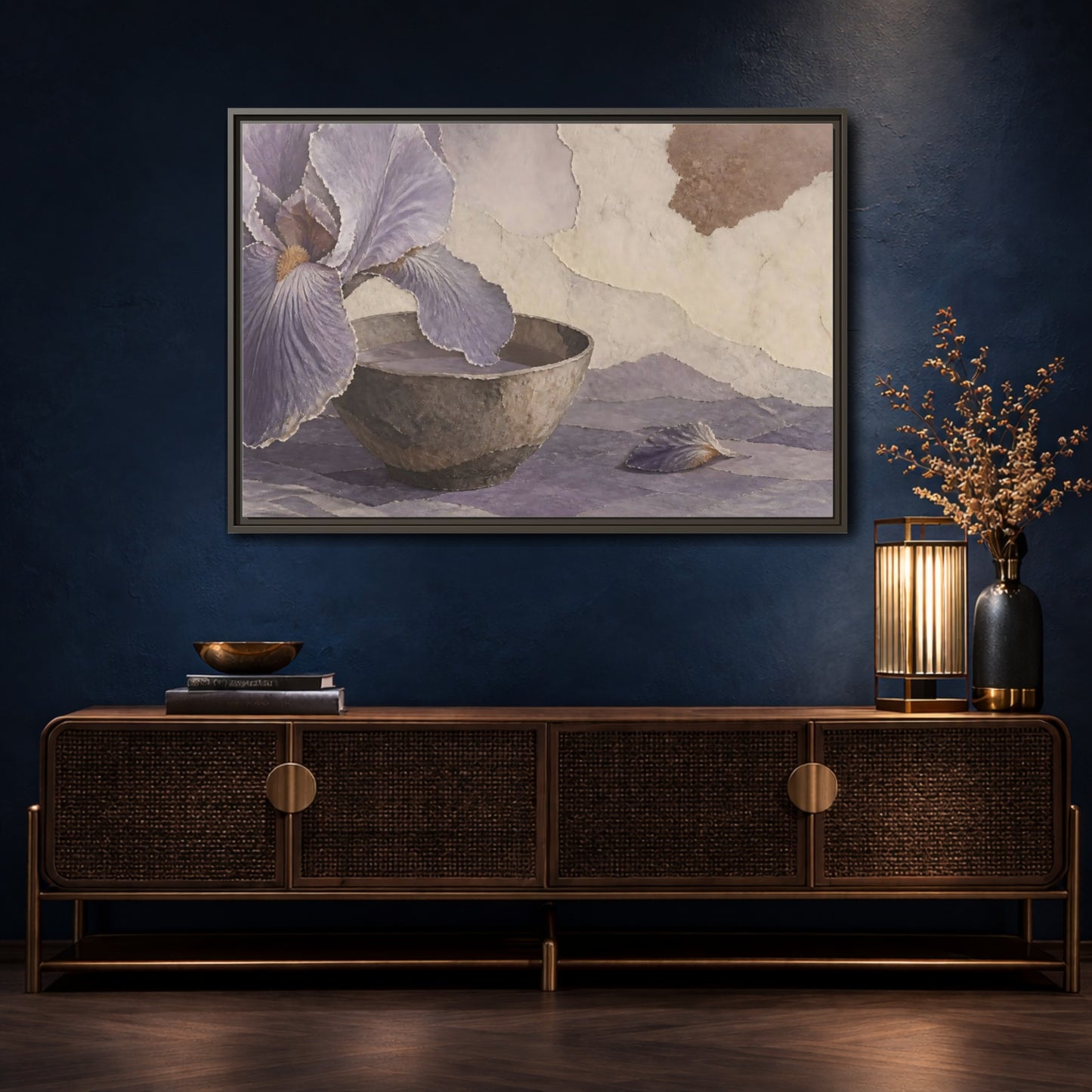 Mockup 4. Lavender Iris And Clay Bowl shown as framed canvas print