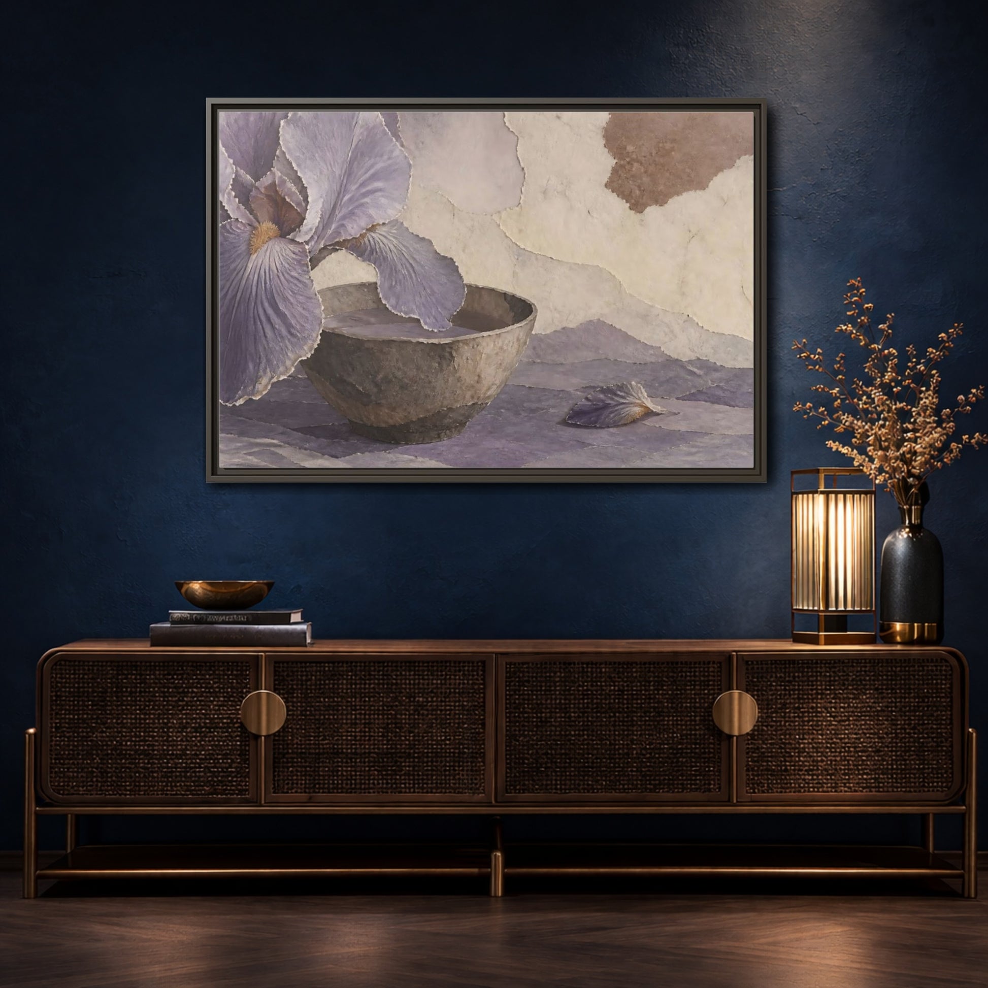 Mockup 4. Lavender Iris And Clay Bowl shown as framed canvas print