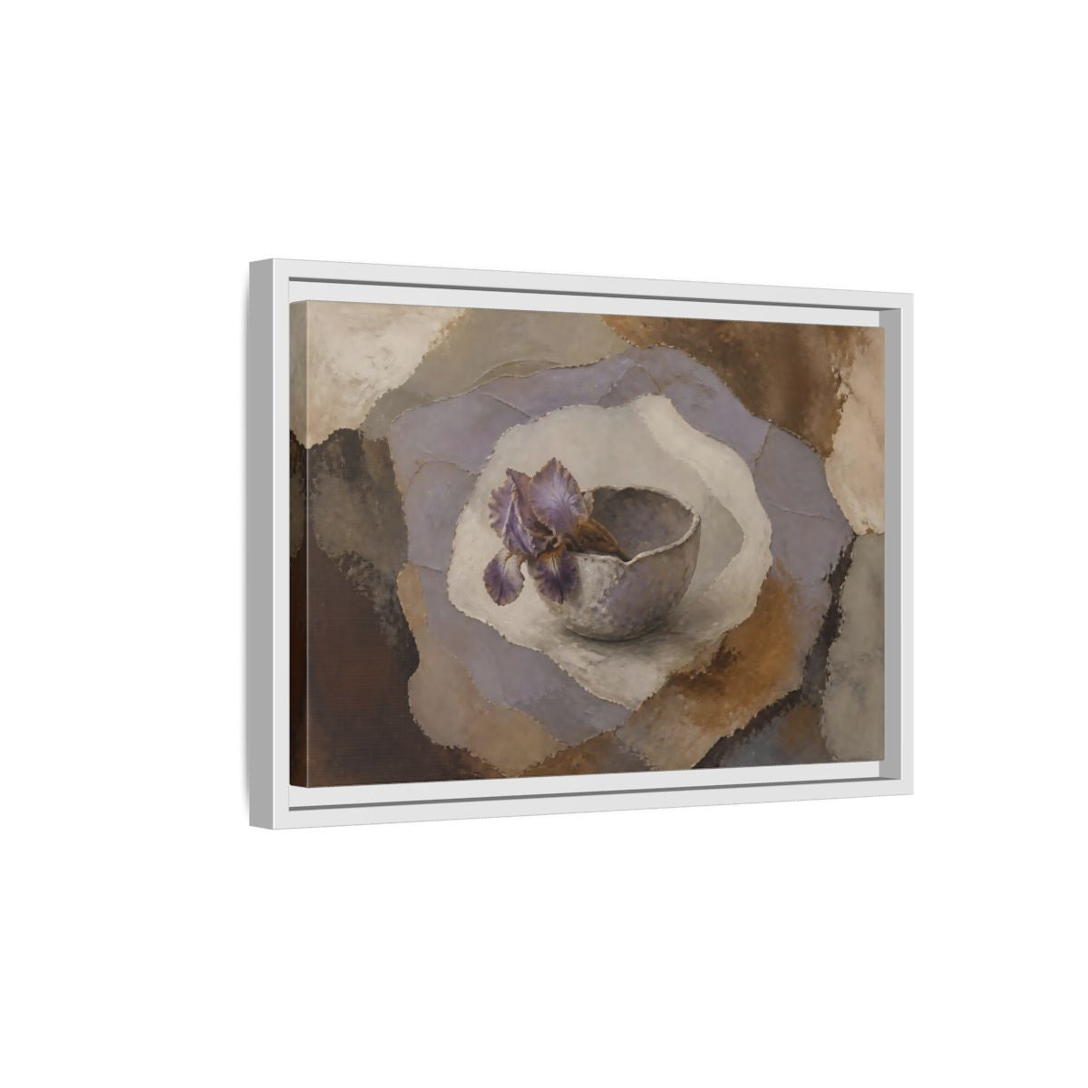 Side Mockup 4. Lavender Iris In Clay Bowl shown as framed canvas print