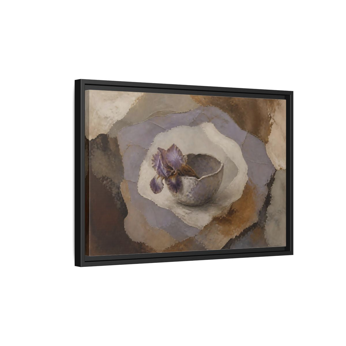 Side Mockup 3. Lavender Iris In Clay Bowl shown as framed canvas print