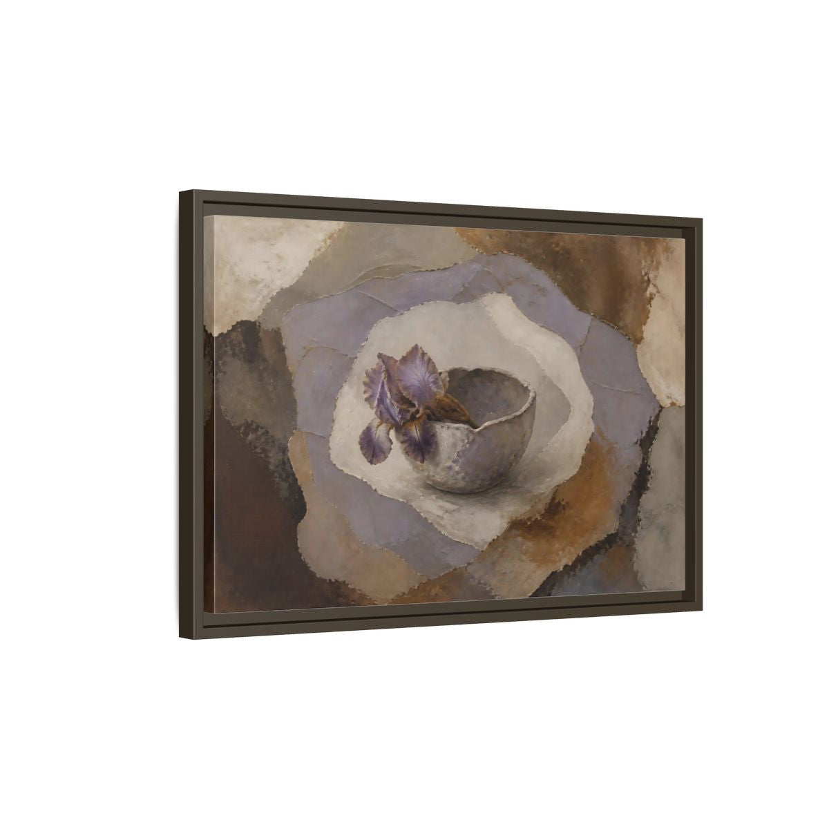 Side Mockup 2. Lavender Iris In Clay Bowl shown as framed canvas print