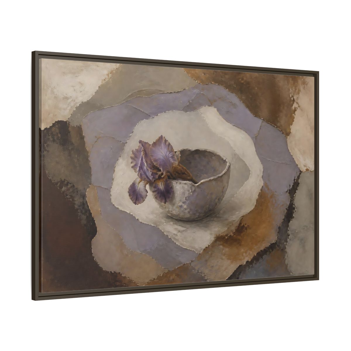 Side Mockup 8. Lavender Iris In Clay Bowl shown as framed canvas print
