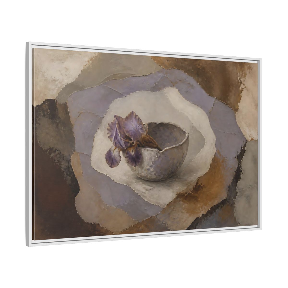 Side Mockup 7. Lavender Iris In Clay Bowl shown as framed canvas print