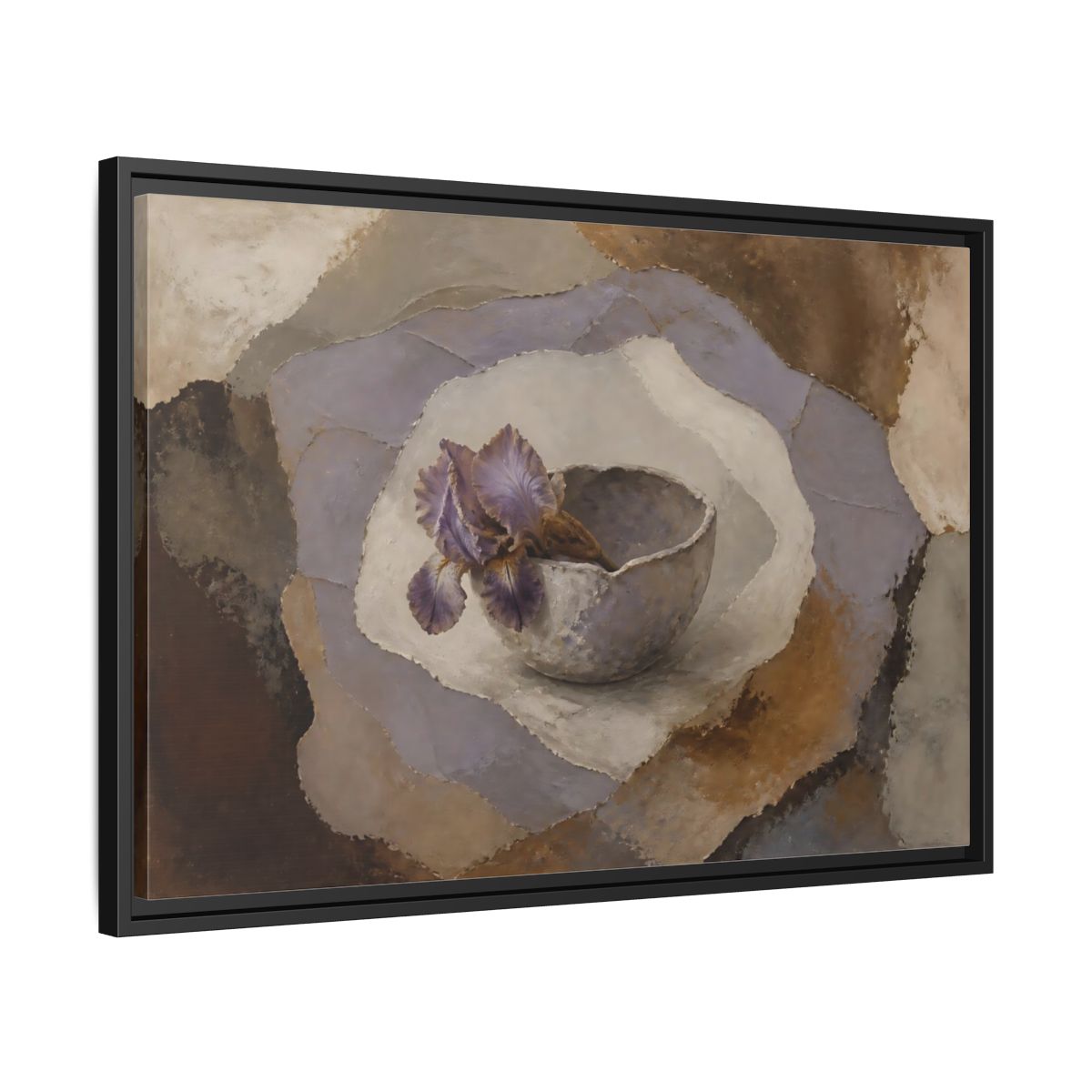 Side Mockup 14. Lavender Iris In Clay Bowl shown as framed canvas print