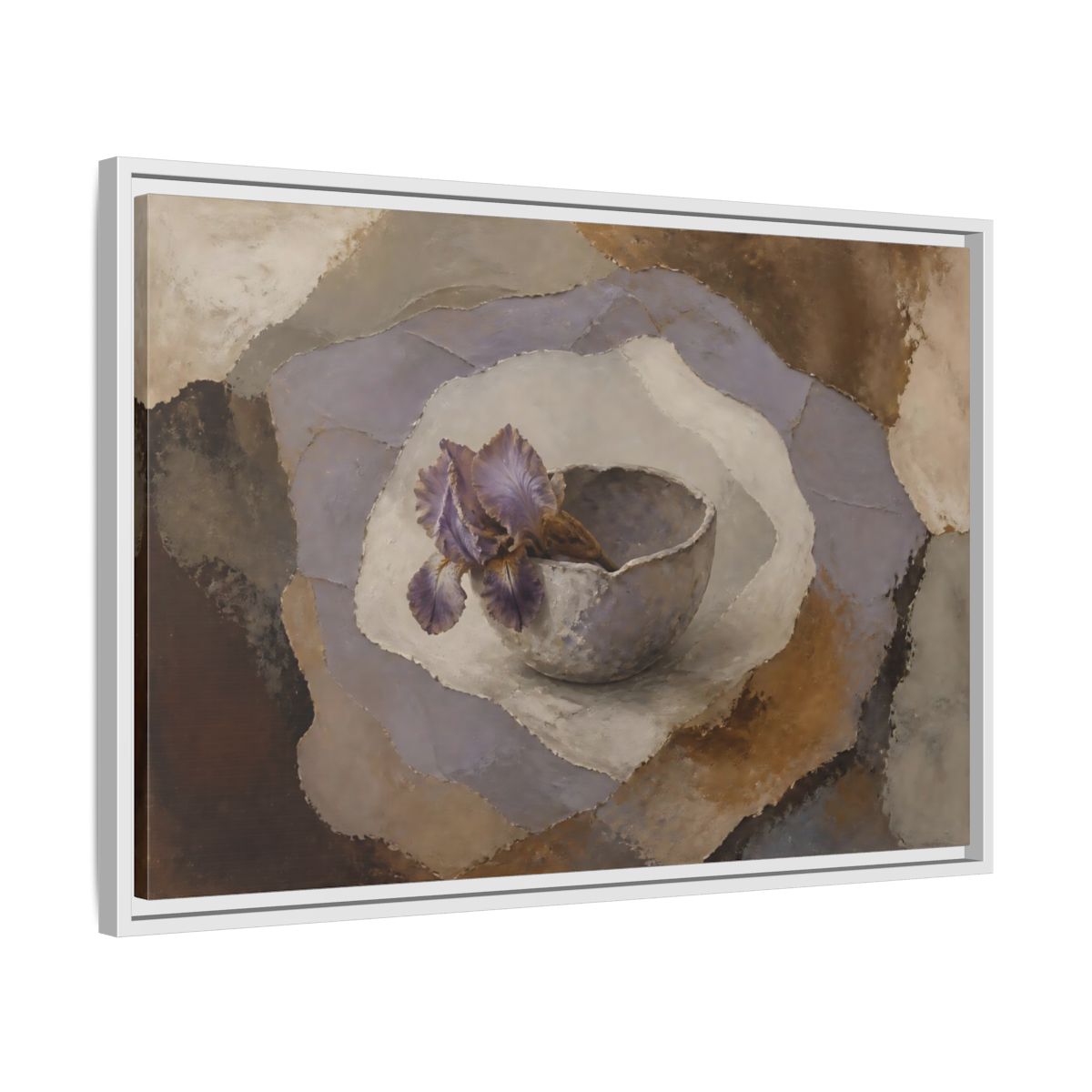 Side Mockup 10. Lavender Iris In Clay Bowl shown as framed canvas print