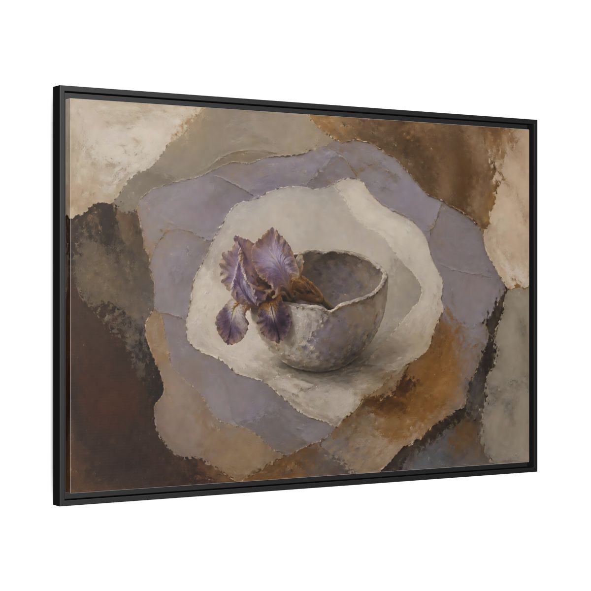 Side Mockup 12. Lavender Iris In Clay Bowl shown as framed canvas print
