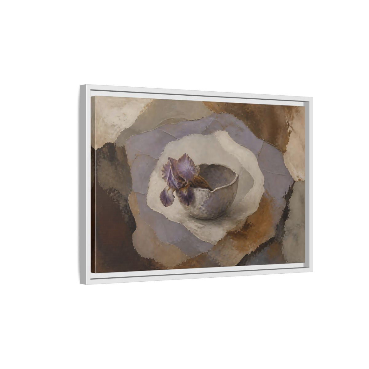 Side Mockup 1. Lavender Iris In Clay Bowl shown as framed canvas print