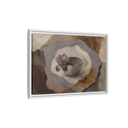 Side Mockup 1. Lavender Iris In Clay Bowl shown as framed canvas print