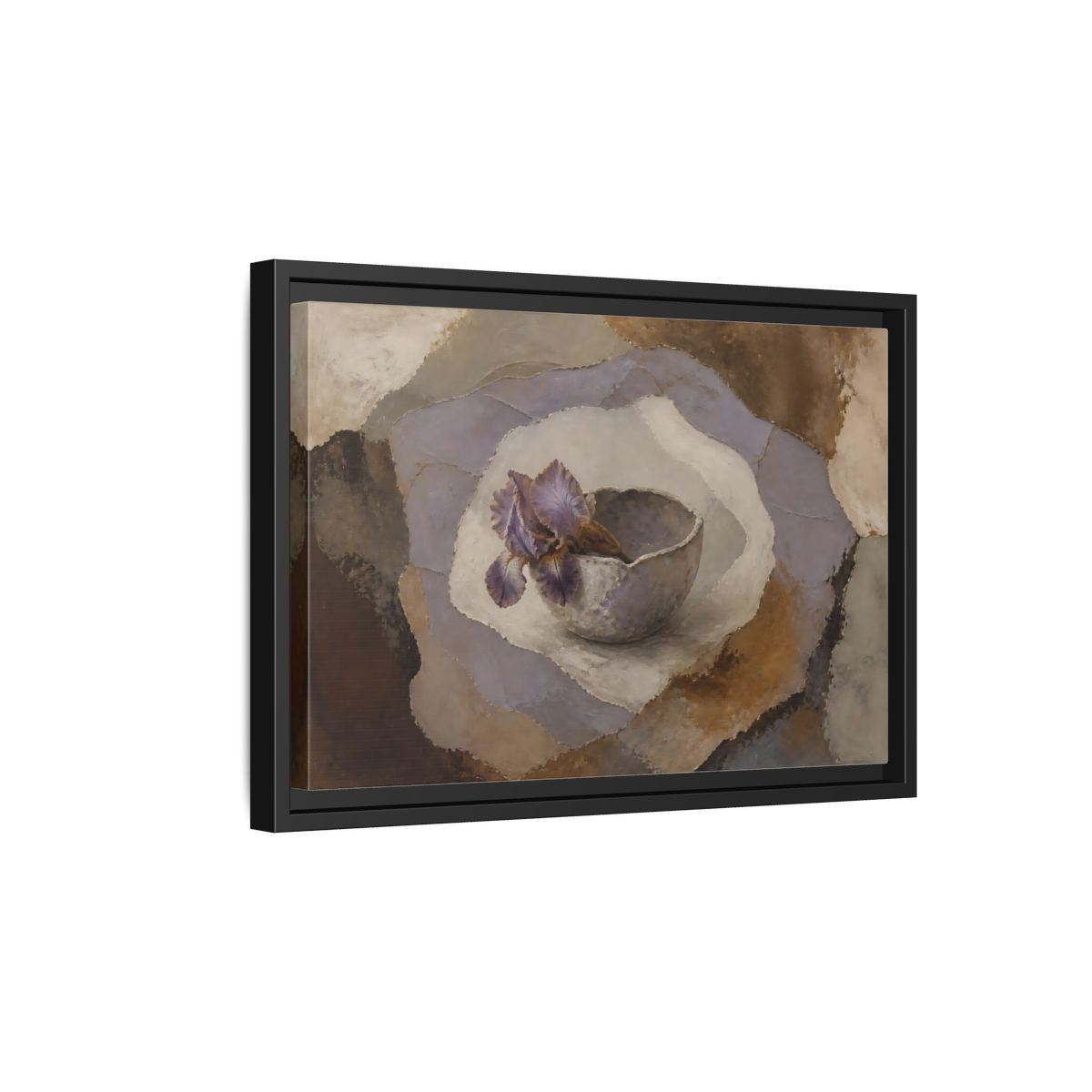 Side Mockup 6. Lavender Iris In Clay Bowl shown as framed canvas print