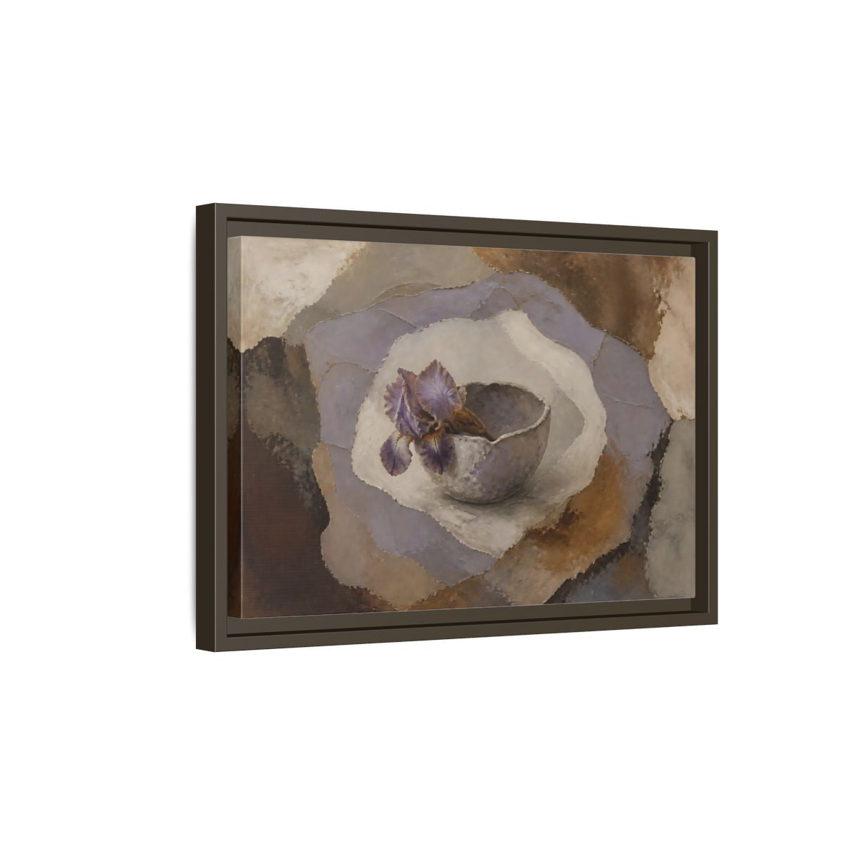 Side Mockup 5. Lavender Iris In Clay Bowl shown as framed canvas print