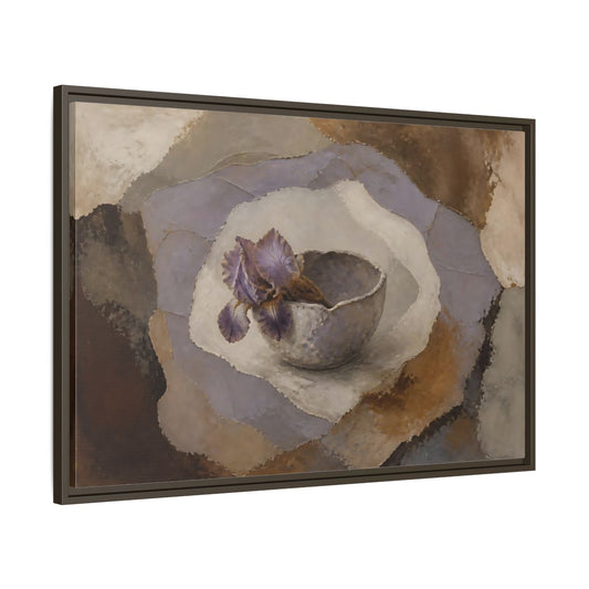 Main Mockup. Lavender Iris In Clay Bowl shown as framed canvas print