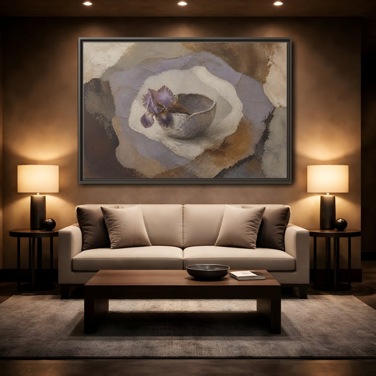 Mockup 2. Lavender Iris In Clay Bowl shown as framed canvas print