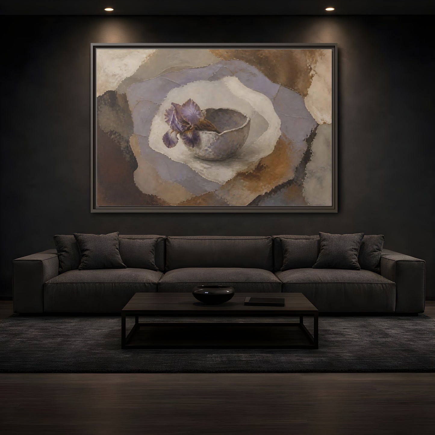 Mockup 3. Lavender Iris In Clay Bowl shown as framed canvas print
