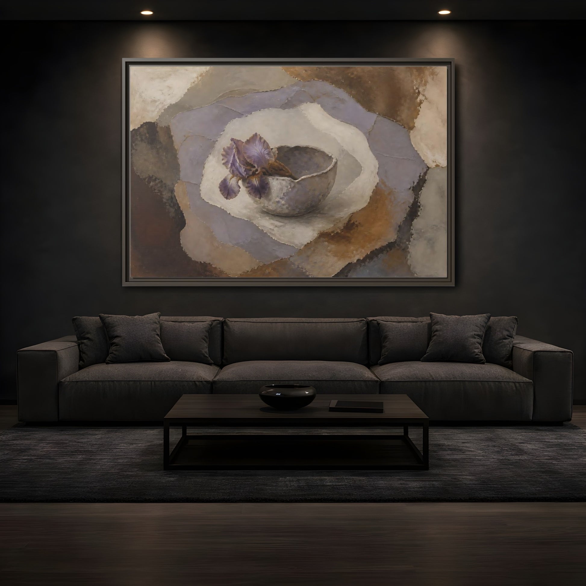 Mockup 3. Lavender Iris In Clay Bowl shown as framed canvas print