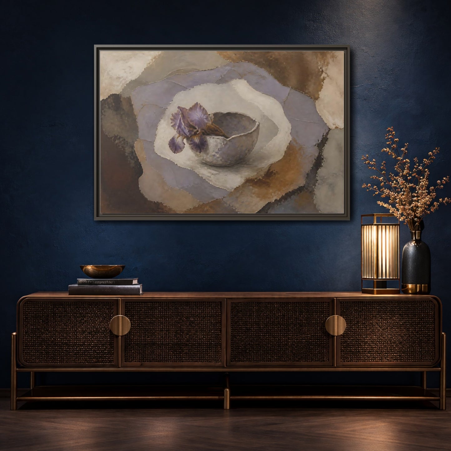 Mockup 4. Lavender Iris In Clay Bowl shown as framed canvas print