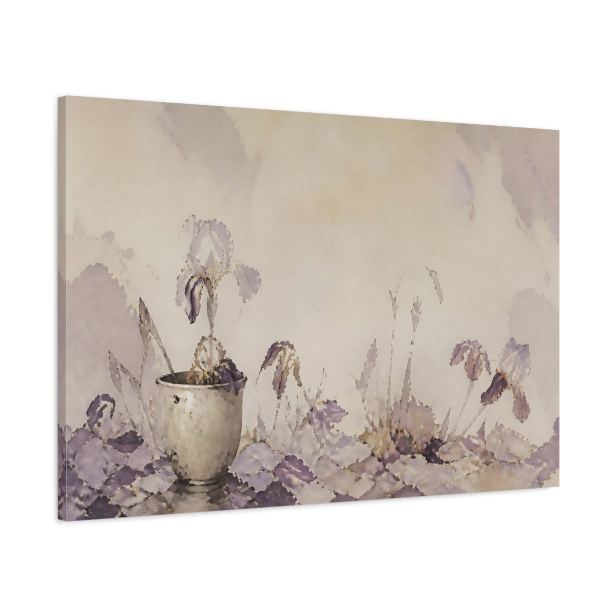 Main Mockup. Lavender Iris In Clay Cup shown as canvas print