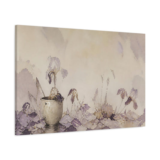 Main Mockup. Lavender Iris In Clay Cup shown as canvas print