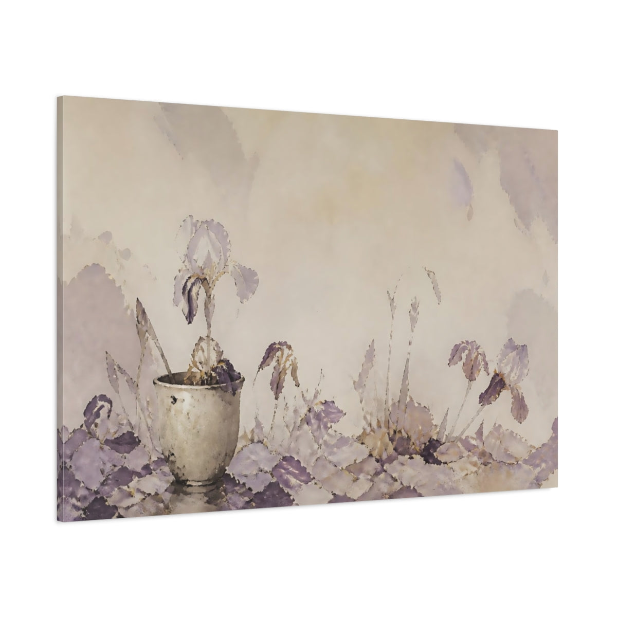 Side Mockup 1. Lavender Iris In Clay Cup shown as canvas print