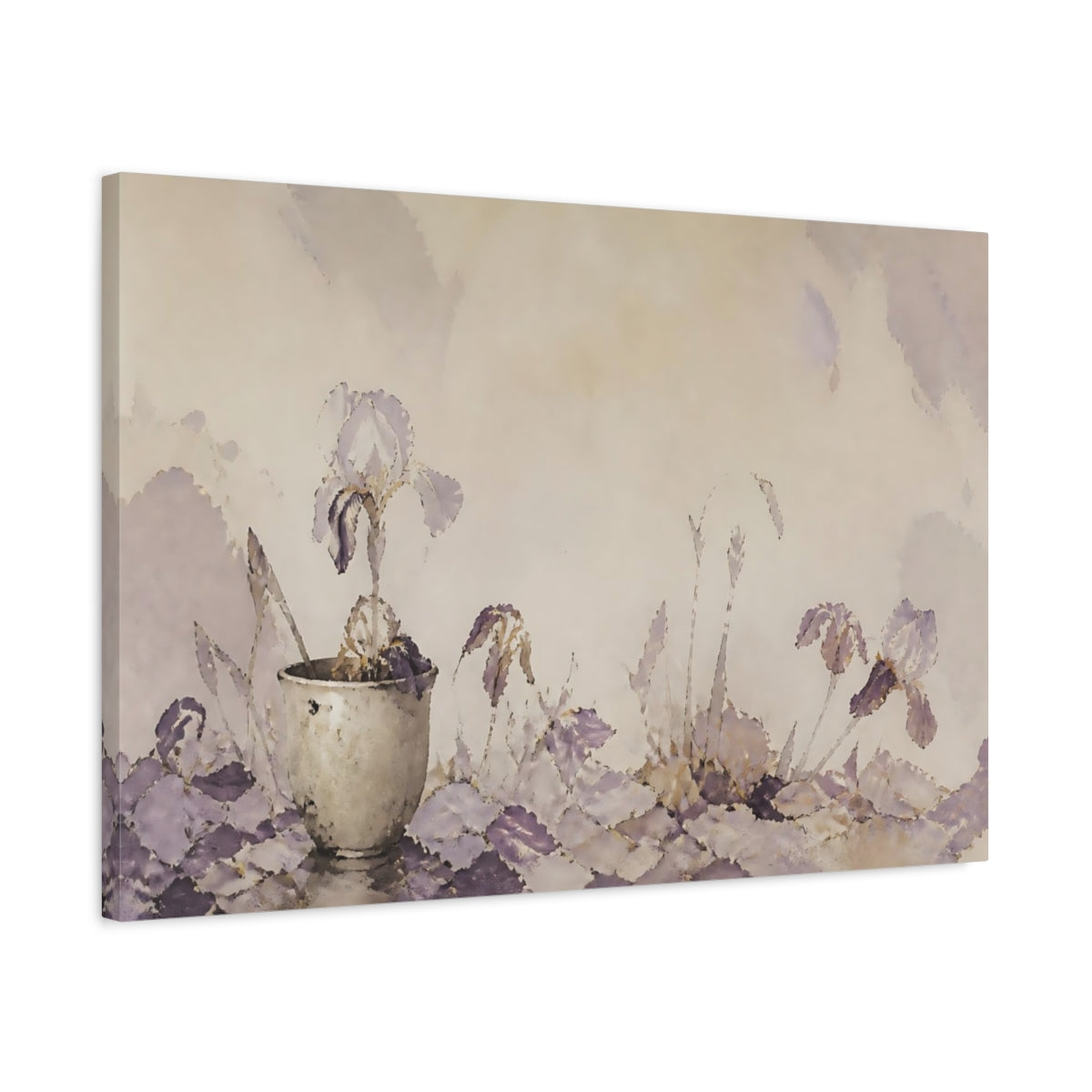 Side Mockup 2. Lavender Iris In Clay Cup shown as canvas print