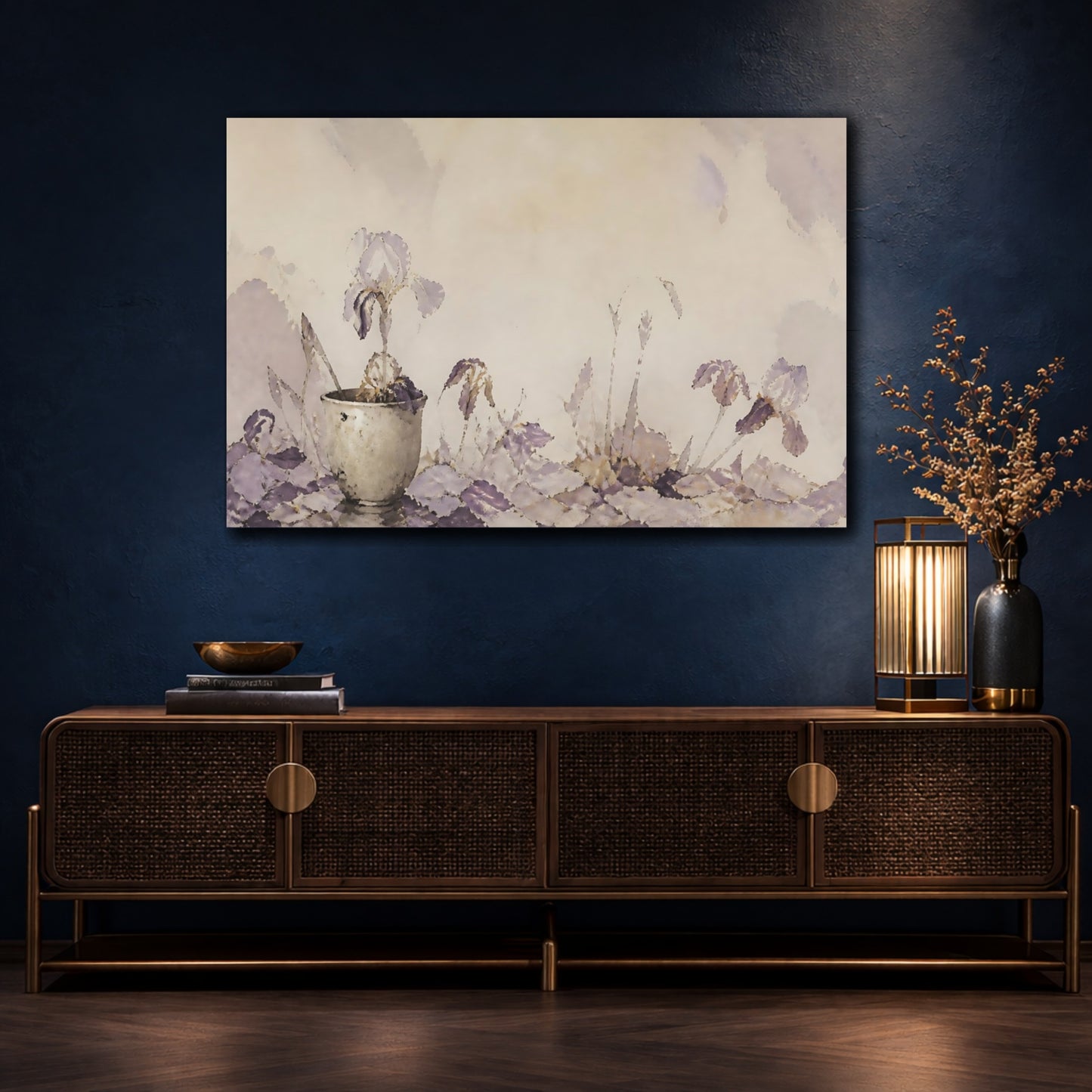 Mockup 4. Lavender Iris In Clay Cup shown as canvas print