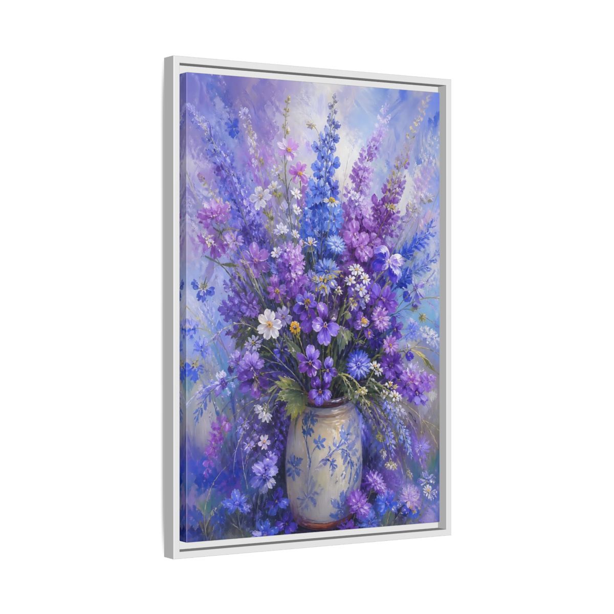 Side Mockup 10. Lavender Meadow Bouquet shown as framed canvas print