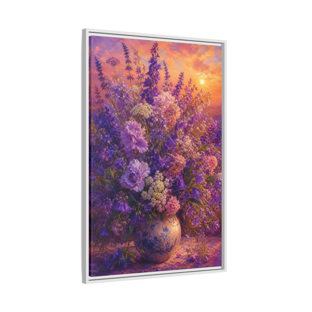 Side Mockup 9. Lavender Sunset Bouquet shown as framed canvas print