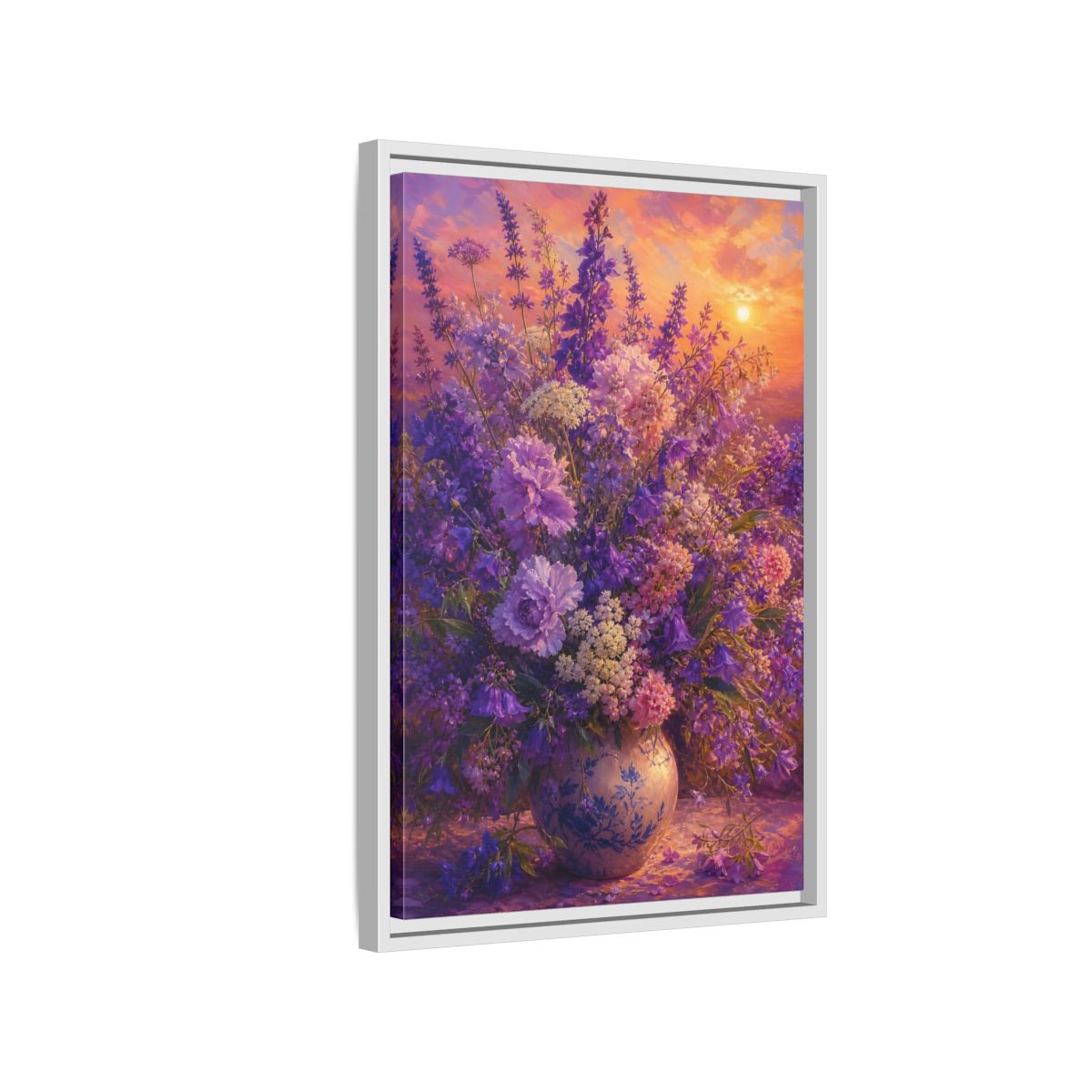 Side Mockup 1. Lavender Sunset Bouquet shown as framed canvas print