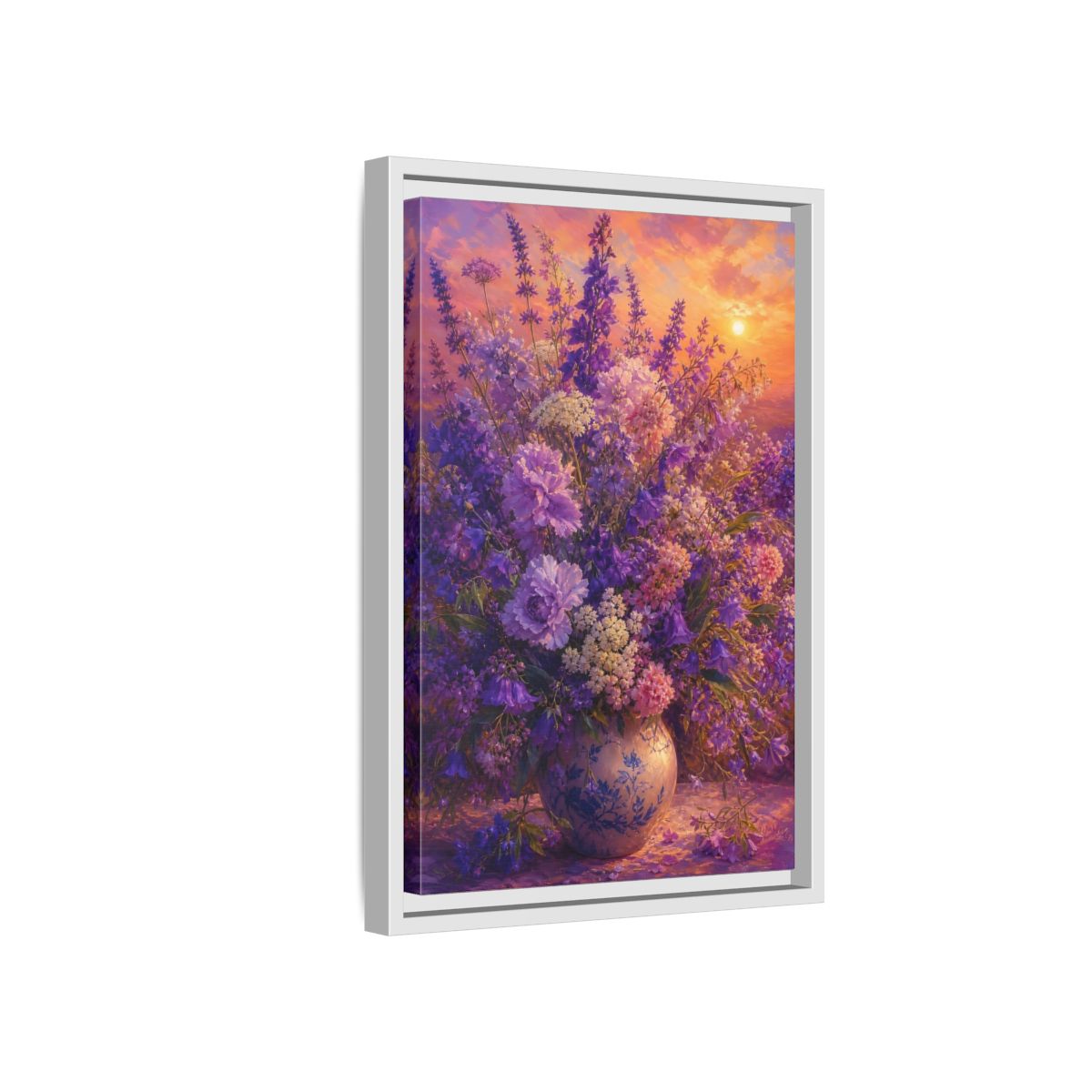 Side Mockup 4. Lavender Sunset Bouquet shown as framed canvas print