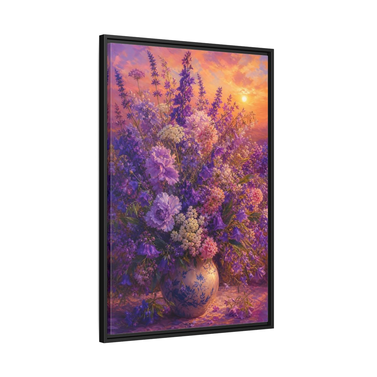 Side Mockup 13. Lavender Sunset Bouquet shown as framed canvas print