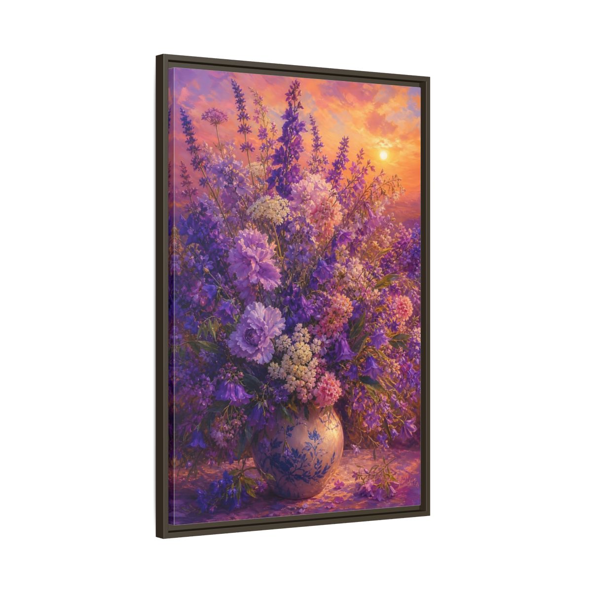 Main Mockup. Lavender Sunset Bouquet shown as framed canvas print
