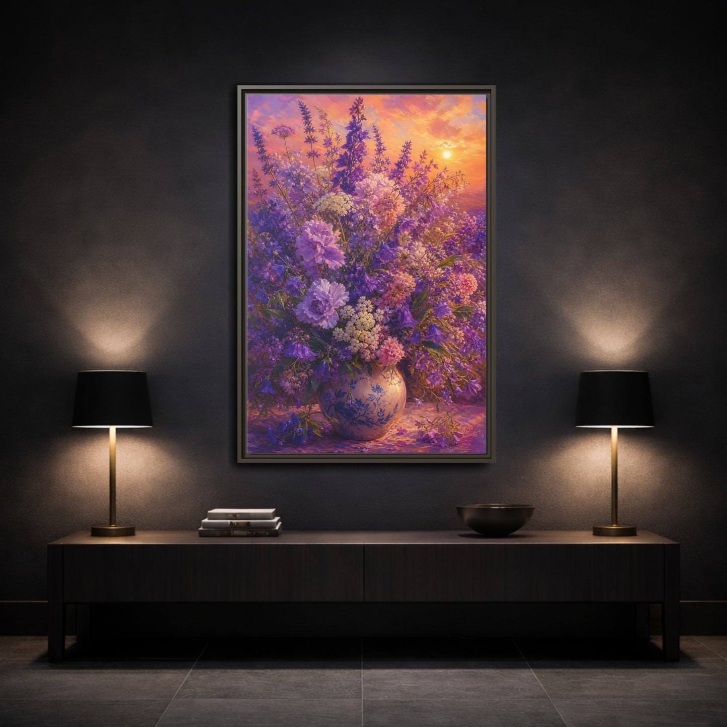 Mockup 3. Lavender Sunset Bouquet shown as framed canvas print