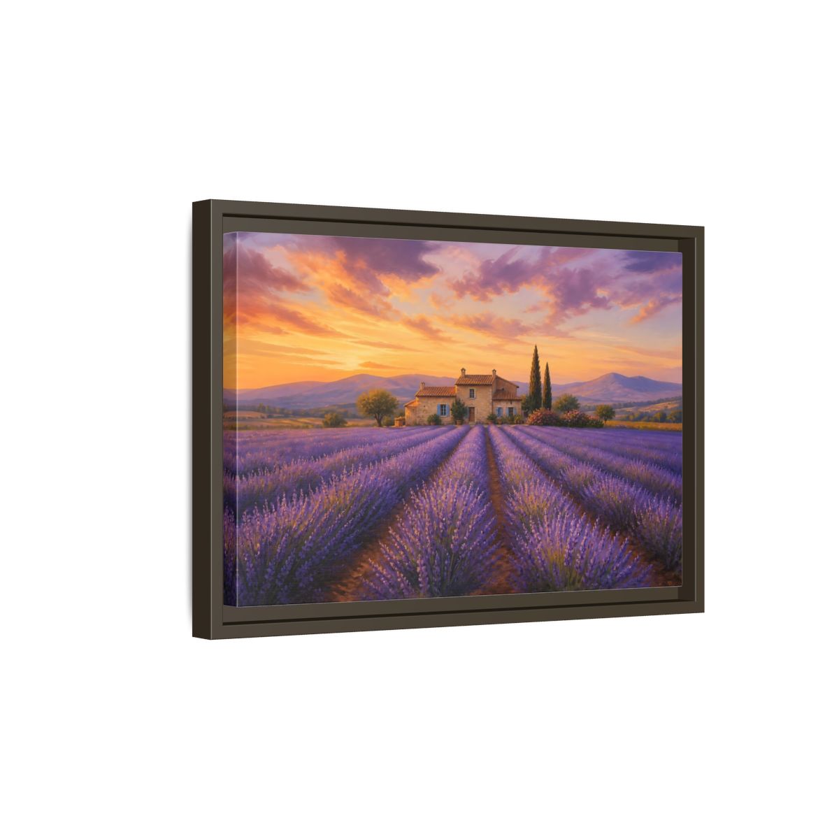 Side Mockup 5. Lavender Sunset Cottage shown as framed canvas print