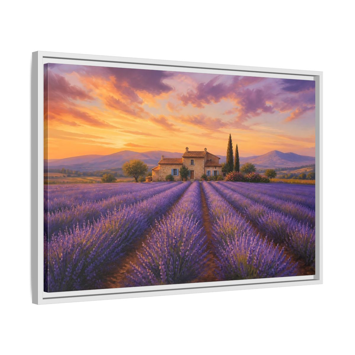 Side Mockup 10. Lavender Sunset Cottage shown as framed canvas print