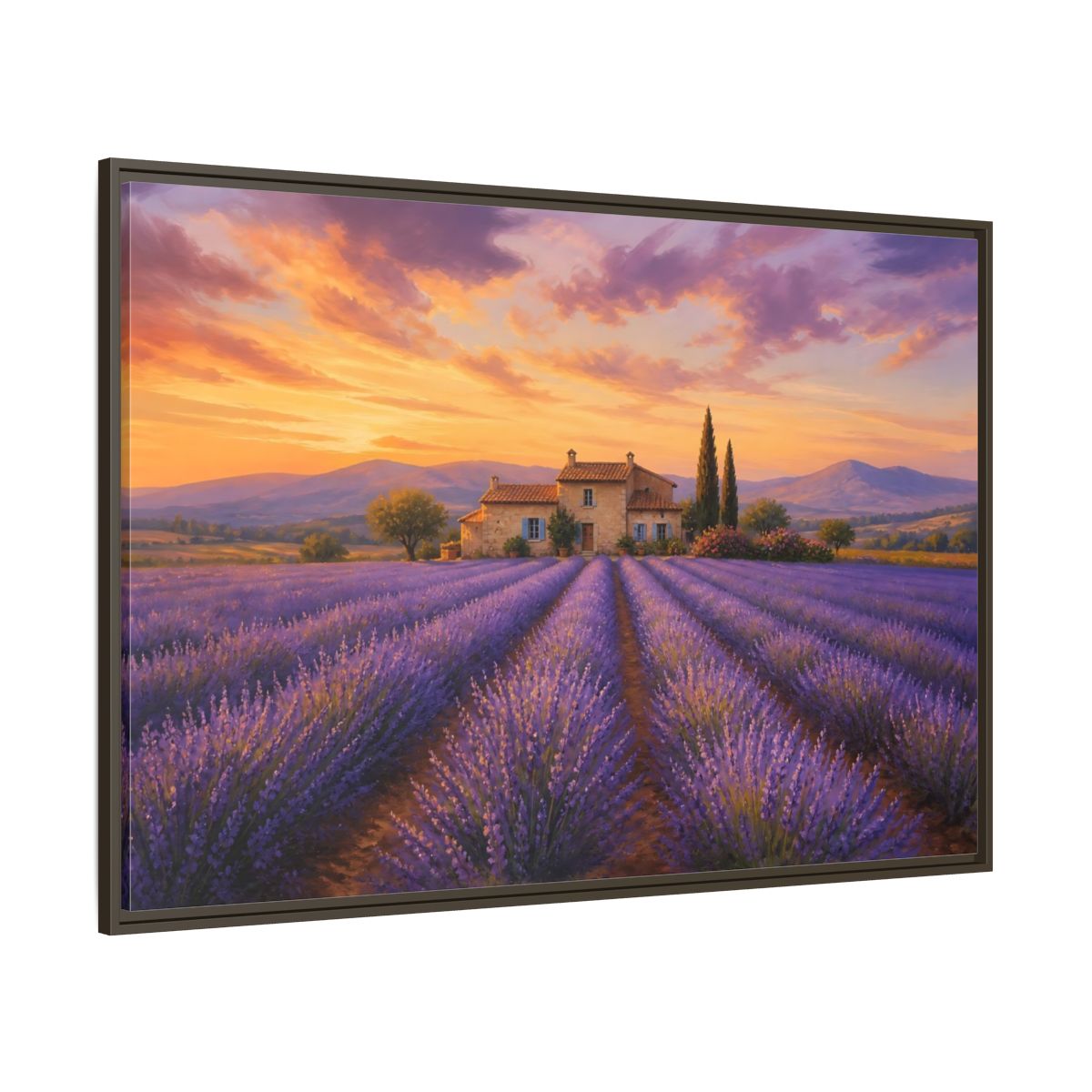 Side Mockup 8. Lavender Sunset Cottage shown as framed canvas print