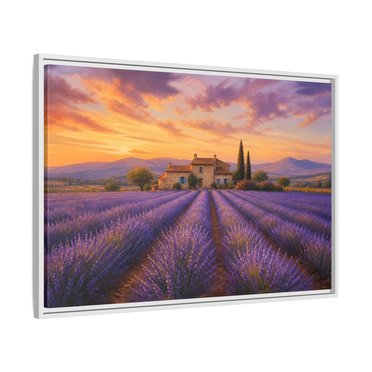Side Mockup 9. Lavender Sunset Cottage shown as framed canvas print