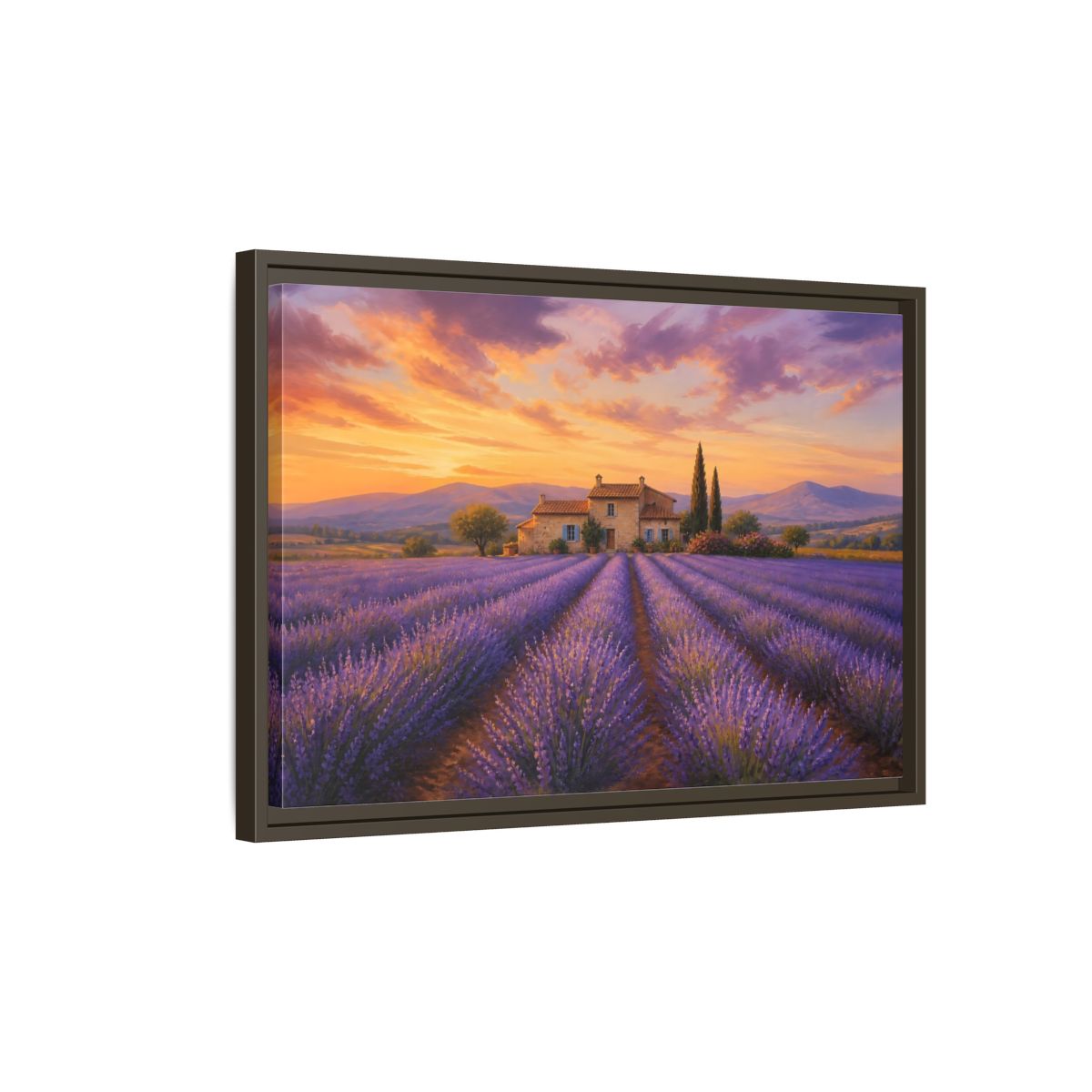 Side Mockup 2. Lavender Sunset Cottage shown as framed canvas print