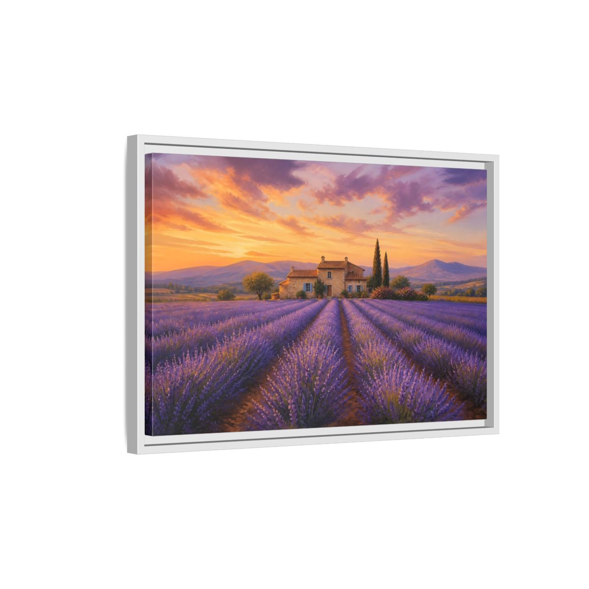 Side Mockup 1. Lavender Sunset Cottage shown as framed canvas print