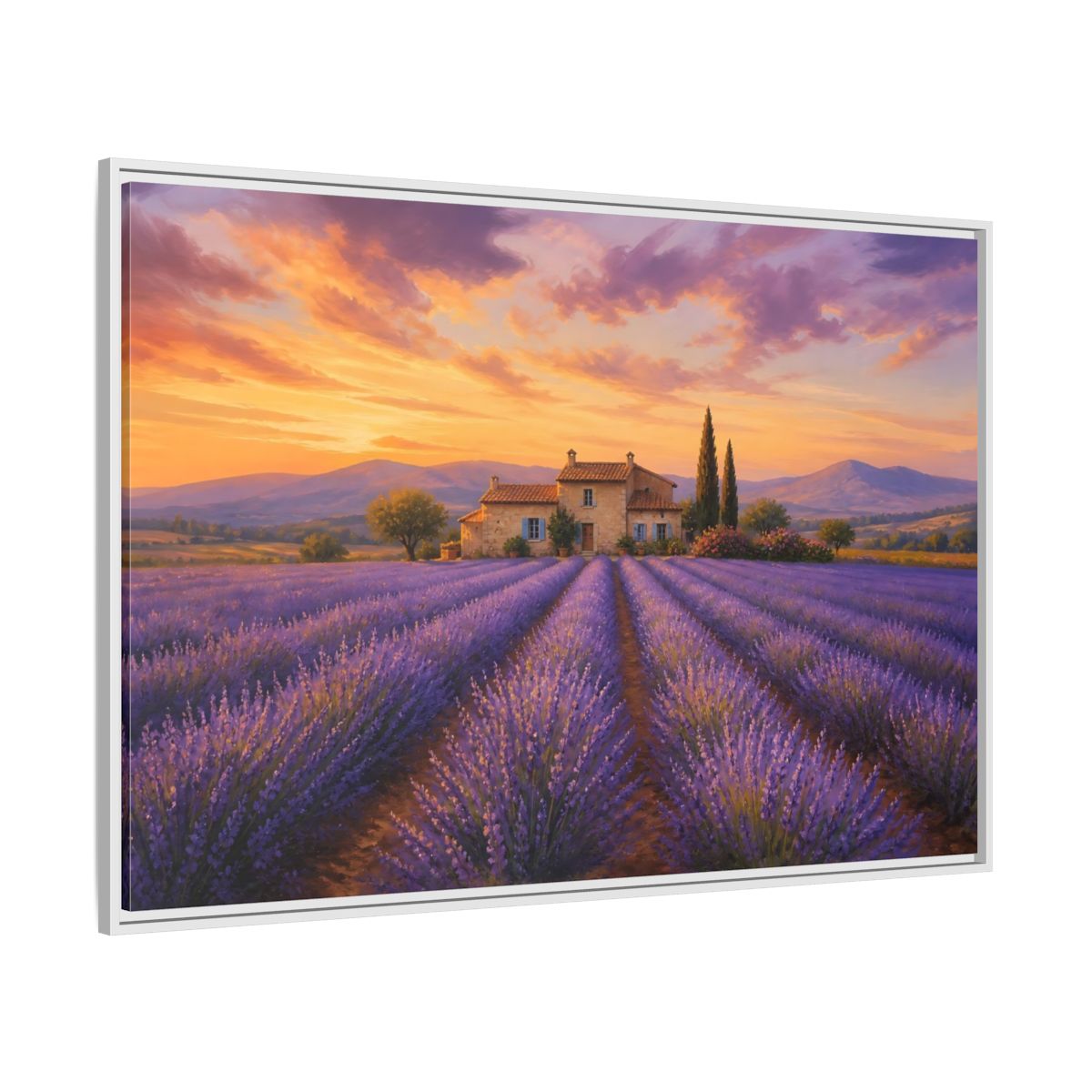 Side Mockup 7. Lavender Sunset Cottage shown as framed canvas print