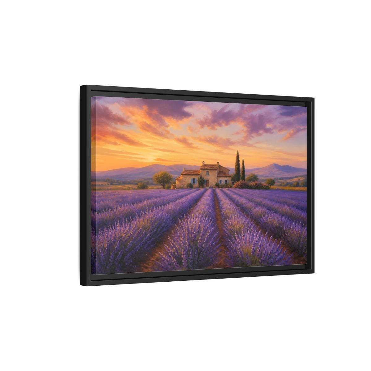 Side Mockup 3. Lavender Sunset Cottage shown as framed canvas print